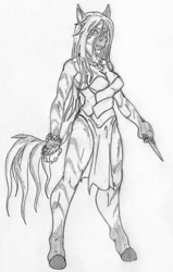 Size: 1366x2144 | Tagged: safe, artist:siegfriednox, derpibooru import, oc, oc:pythia, anthro, unguligrade anthro, zebra, fallout equestria, fallout equestria: project horizons, clothes, fanfic art, grayscale, knife, long mane, monochrome, shaman, traditional art, witch