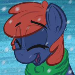 Size: 1000x1000 | Tagged: safe, artist:scritchy, derpibooru import, oc, oc:scritchy, pony, clothes, eyes closed, holiday, scarf, smiling, snow, solo, winter