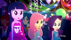 Size: 1920x1080 | Tagged: safe, screencap, fluttershy, nolan north, rarity, some blue guy, twilight sparkle, twilight sparkle (alicorn), alicorn, eqg summertime shorts, equestria girls, raise this roof, background human, bare shoulders, clothes, dress, fall formal outfits, open mouth, sleeveless, strapless, trio, twilight ball dress