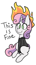 Size: 732x1308 | Tagged: safe, artist:neonhuo, sweetie belle, pony, atg 2017, clothes, fire, hoodie, mane on fire, newbie artist training grounds, pyro belle, simple background, sitting, solo, sweetie fail, this is fine, transparent background