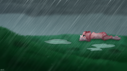 Size: 1024x576 | Tagged: safe, artist:mindlesssketching, oc, oc only, oc:peach blossom, earth pony, pony, female, mare, prone, rain, sad, solo