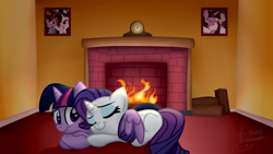 Size: 1024x576 | Tagged: safe, artist:littleblackraencloud, derpibooru import, rarity, twilight sparkle, twilight sparkle (alicorn), alicorn, pony, unicorn, chimney, cuddling, cute, female, fireplace, heart eyes, lesbian, rarilight, shipping, sleeping, wingding eyes