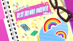 Size: 1920x1080 | Tagged: safe, screencap, best trends forever, better together, choose your own ending, equestria girls, glasses, no pony, rainbow, sticker, title card