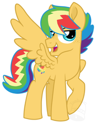 Size: 562x703 | Tagged: safe, artist:tambelon, oc, oc only, oc:zap apple, pegasus, pony, magical lesbian spawn, male, offspring, one hoof raised, parent:applejack, parent:rainbow dash, parents:appledash, rainbow hair, raised hoof, solo, stallion, watermark