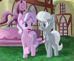 Size: 2880x2376 | Tagged: safe, artist:robsa990, diamond tiara, silver spoon, earth pony, pony, duo, female, filly, fountain, glasses, house, jewelry, necklace, ponyville, statue, talking, walking