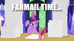 Size: 640x360 | Tagged: safe, twilight sparkle, twilight sparkle (alicorn), alicorn, once upon a zeppelin, bored, floppy ears, image macro, levitation, magic, meme, quill, telekinesis, writing