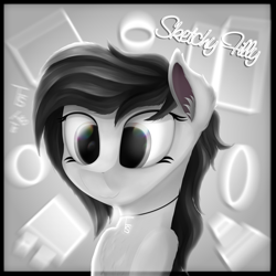 Size: 4000x4000 | Tagged: safe, artist:thefunnysmile, derpibooru import, oc, oc:sketchy filly, pony, blurry, bust, monochrome, portrait, simple background, solo