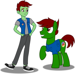 Size: 4235x4163 | Tagged: safe, artist:vector-brony, derpibooru import, oc, oc only, oc:pastel dice, earth pony, human, pony, equestria girls, absurd resolution, clothes, cutie mark, equestria girls-ified, grin, hands in pockets, human ponidox, humanized, looking at each other, male, pants, raised hoof, self paradox, self ponidox, shirt, shoes, simple background, smiling, sneakers, stallion, transparent background, vector, vest