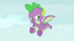 Size: 1280x720 | Tagged: safe, derpibooru import, screencap, spike, dragon, father knows beast, claws, flying, male, solo, winged spike, wings
