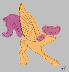 Size: 1274x1331 | Tagged: safe, artist:marchiedraws, scootaloo, pony, atg 2017, gray background, newbie artist training grounds, simple background, sketch, solo, stretching