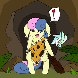 Size: 2000x2000 | Tagged: safe, artist:grim ponka, bon bon, lyra heartstrings, sweetie drops, earth pony, pony, unicorn, atg 2017, bipedal, blush sticker, blushing, cave, caveman, cavemare, chest fluff, club, duo, exclamation point, loincloth, newbie artist training grounds