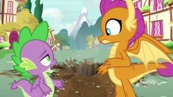 Size: 1920x1080 | Tagged: safe, derpibooru import, screencap, smolder, spike, dragon, father knows beast, crater, winged spike