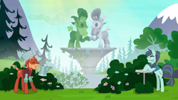 Size: 1440x810 | Tagged: safe, derpibooru import, screencap, crosscut mccolt, sprig hooffield, earth pony, pony, the hooffields and mccolts, bush, clothes, duo, eyes closed, female, flower, fountain, grub hooffield, hooffield family, ivy (plant), male, mare, mccolt family, piles mccolt, pine tree, stallion, statue, topiary, tree, watering can