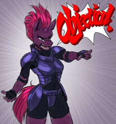 Size: 1053x1124 | Tagged: safe, artist:mykegreywolf, tempest shadow, anthro, unicorn, my little pony: the movie, ace attorney, armor, breasts, broken horn, dialogue, eye scar, female, mare, objection, phoenix wright, reference, scar, solo