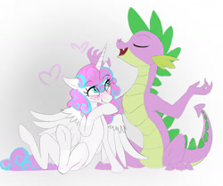 Size: 1600x1340 | Tagged: safe, artist:jaeneth, princess flurry heart, spike, alicorn, dragon, pony, blushing, covering mouth, eyes closed, female, flurryspike, freckles, heart, male, mare, older, older flurry heart, older spike, open mouth, shipping, simple background, smiling, straight