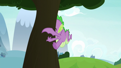 Size: 1280x720 | Tagged: safe, derpibooru import, screencap, spike, dragon, father knows beast, crash, male, solo, tree, winged spike