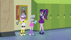 Size: 1280x720 | Tagged: safe, screencap, diamond tiara, sci-twi, silver spoon, twilight sparkle, best trends forever, best trends forever: twilight sparkle, better together, equestria girls, boots, choose twilight sparkle, clothes, glasses, jacket, shoes, skirt