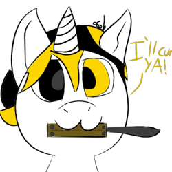 Size: 375x375 | Tagged: safe, artist:troggggggggggggggggy, oc, oc only, oc:trogler kroglethorn, unicorn, butterfly knife, knife, marshmallow pony, mouth hold, simple background, solo, text, threat, transparent background