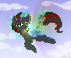 Size: 1400x1137 | Tagged: safe, artist:sirzi, oc, oc only, pony, unicorn, artificial wings, augmented, cloud, female, flying, glowing horn, magic, magic wings, mare, sky, solo, wings