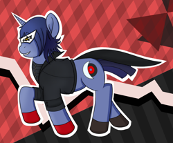 Size: 722x599 | Tagged: safe, artist:lirodon, derpibooru import, oc, oc only, oc:obscurus noctis, pony, unicorn, clothes, cosplay, costume, domino mask, joker (persona), persona, persona 5, solo, trotmania