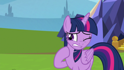 Size: 1280x720 | Tagged: safe, derpibooru import, screencap, twilight sparkle, twilight sparkle (alicorn), alicorn, pony, father knows beast, female, grimace, mare, one eye closed, solo