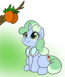 Size: 880x1034 | Tagged: safe, artist:dudey64, derpibooru import, oc, oc:sweetwater, pony, unicorn, behaving like a cat, cute, eyes on the prize, female, filly, food, fruits, goggles, gradient background, happy, looking at something, mango, ocbetes, simple background, sitting, smiling, solo, tree branch