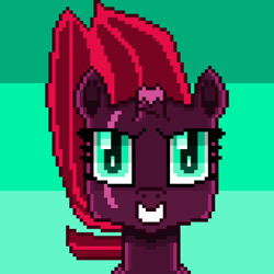 Size: 1501x1501 | Tagged: safe, artist:superhypersonic2000, derpibooru import, fizzlepop berrytwist, tempest shadow, pony, unicorn, abstract background, broken horn, female, looking at you, mare, pixel art, smiling, solo