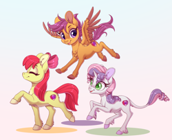 Size: 1280x1042 | Tagged: safe, artist:peridotkitty, derpibooru import, apple bloom, scootaloo, sweetie belle, classical unicorn, earth pony, pegasus, pony, unicorn, bow, chest fluff, colored hooves, cutie mark crusaders, ear fluff, eyes closed, female, filly, flying, hair bow, leonine tail, looking down, pink background, scootaloo can fly, simple background, trio, trio female, unshorn fetlocks