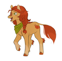 Size: 1394x1358 | Tagged: safe, artist:kianamai, derpibooru import, oc, oc only, oc:pumpkin spice, hybrid, bandana, cloven hooves, interspecies offspring, kirin hybrid, magical lesbian spawn, next generation, offspring, open mouth, parent:applejack, parent:autumn blaze, parents:autumnjack, simple background, white background