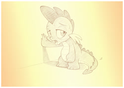 Size: 1042x737 | Tagged: safe, artist:sherwoodwhisper, derpibooru import, spike, dragon, gradient background, male, monochrome, pencil drawing, solo, sweat, tired, traditional art