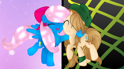 Size: 1912x1064 | Tagged: safe, artist:morries123, oc, oc only, oc:art blossom, oc:heart catcher, pegasus, pony, unicorn, beanie, duo, female, hat, hug, mare