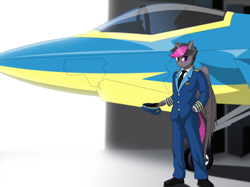 Size: 1280x956 | Tagged: safe, artist:up1ter, derpibooru import, oc, oc:elusion crest, anthro, pegasus, aircraft, clothes, f-35 lightning ii, f-35c lightning ii, jet, jet fighter, pilot, solo, uniform, wonderbolts uniform