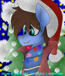 Size: 1740x2030 | Tagged: safe, artist:h0rnycorn, artist:ladylullabystar, oc, oc only, oc:bizarre song, collaboration, cape, christmas, christmas lights, clothes, hat, holiday, night, smiling, snow, snowflake, tree