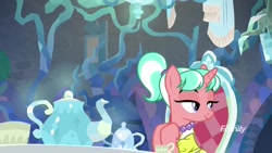 Size: 1920x1080 | Tagged: safe, derpibooru import, screencap, pony, unicorn, what lies beneath, clothes, female, mare, ponytail, solo, stepford ponies, tea time (character), teapot, unnamed pony