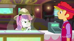 Size: 1280x720 | Tagged: safe, screencap, sweetie belle, eqg summertime shorts, equestria girls, the canterlot movie club, background human, cinema, discovery family logo, eating, hat