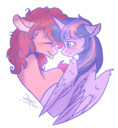 Size: 784x849 | Tagged: safe, artist:myralilth, derpibooru import, pinkie pie, twilight sparkle, twilight sparkle (alicorn), alicorn, earth pony, pony, eyes closed, female, heart, lesbian, shipping, tongue out, twinkie