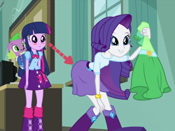 Size: 700x525 | Tagged: safe, derpibooru import, edit, edited screencap, screencap, rarity, spike, twilight sparkle, dog, equestria girls, equestria girls (movie), eyes on the prize, spike the dog