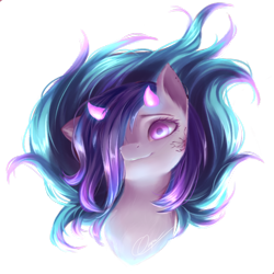 Size: 1024x1024 | Tagged: safe, artist:zukiq314, oc, oc only, demon pony, pony, bust, hair over one eye, horns, looking at you, portrait, simple background, solo, transparent background