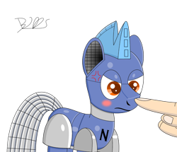 Size: 1500x1292 | Tagged: safe, artist:trackheadtherobopony, oc, oc only, oc:gearbox, pony, robot, robot pony, annoyed, boop, cross-popping veins, finger, hand, noseboop, simple background, solo, transparent background