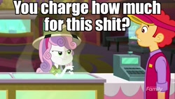 Size: 1280x720 | Tagged: safe, edit, edited screencap, screencap, sweetie belle, eqg summertime shorts, equestria girls, the canterlot movie club, background human, cinema, discovery family logo, eating, hat, image macro, meme, vulgar