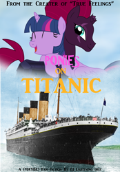 Size: 5450x7840 | Tagged: safe, artist:ejlightning007arts, derpibooru import, fizzlepop berrytwist, tempest shadow, twilight sparkle, twilight sparkle (alicorn), alicorn, pony, absurd resolution, coming soon, cute, fanfic art, female, hug, lesbian, poster, ship, shipping, tempestlight, titanic