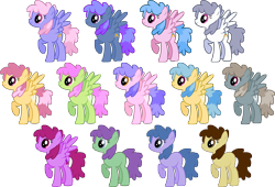 Size: 5200x3540 | Tagged: safe, artist:silvervectors, derpibooru import, berry frost, blueberry punch, dizzy twister, dust devil, orange swirl, peppermint crunch, rainbowshine, slipstream, earth pony, pegasus, pony, .ai available, absurd resolution, background pony, blank flank, candy floss (character), elphaba trot, female, forest spirit (character), juicy fruit, mare, palette swap, q. t. prism, raised hoof, recolor, simple background, spread wings, sugar twist, transparent background, vector, wing wishes, wings