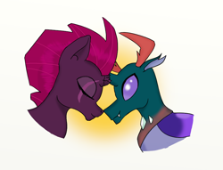 Size: 850x650 | Tagged: safe, artist:eulicious, derpibooru import, pharynx, tempest shadow, changedling, changeling, pony, unicorn, broken horn, crack shipping, eye scar, eyes closed, fangs, horn, interspecies, prince pharynx, scar, shipping, simple background, tempynx