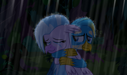 Size: 5915x3503 | Tagged: safe, artist:ejlightning007arts, derpibooru import, gallus, silverstream, griffon, hippogriff, crying, everfree forest, fanfic in the description, female, gallstream, hug, male, rain, sad, shipping, story included, straight