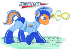 Size: 1319x900 | Tagged: safe, artist:foxxy-arts, derpibooru import, pony, unicorn, blast, capcom, crossover, magic, magic blast, male, megaman, ponified, profile, solo, stallion, traditional art