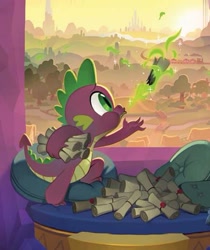 Size: 443x527 | Tagged: safe, derpibooru import, spike, dragon, my little pony: the movie, artwork, claws, cropped, crystal empire, letter, male, official, official art, ponyville, solo