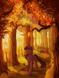 Size: 2041x2668 | Tagged: safe, artist:jellynut, derpibooru import, twilight sparkle, unicorn twilight, pony, unicorn, fall weather friends, 42, autumn, falling leaves, female, mare, running of the leaves, scenery, scenery porn, solo, tree