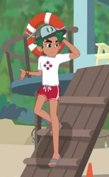 Size: 230x373 | Tagged: safe, derpibooru import, screencap, timber spruce, better together, equestria girls, turf war, arm behind head, arms, clothes, feet, legs, lifeguard timber, male, sandals, shorts