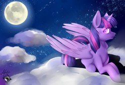 Size: 2777x1888 | Tagged: safe, artist:alexayume, twilight sparkle, twilight sparkle (alicorn), alicorn, pony, cloud, colored pupils, female, full moon, looking at you, mare, moon, night, prone, smiling, solo, stars