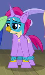 Size: 171x283 | Tagged: safe, derpibooru import, screencap, gallus, griffon, horse play, clothes, costume, cropped, fake horn, male, pony costume, smiling, solo, solo focus